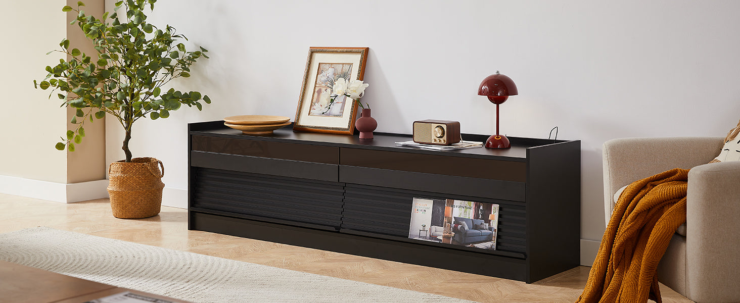 Mirod Modern TV Stand with Ample Storage,4 Drawer Design with Tempered Glass ,Built-in Charging Ports and Ambient LED Lighting ,Versatile for Any Decor Style