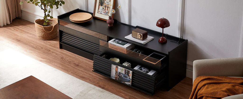 Mirod Modern TV Stand with Ample Storage,4 Drawer Design with Tempered Glass ,Built-in Charging Ports and Ambient LED Lighting ,Versatile for Any Decor Style