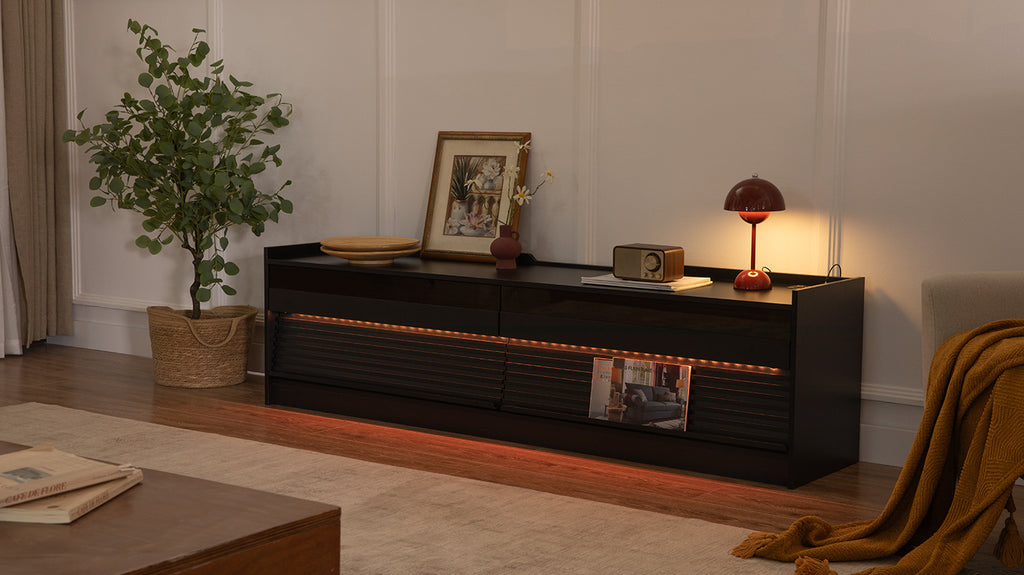 Mirod Modern TV Stand with Ample Storage,4 Drawer Design with Tempered Glass ,Built-in Charging Ports and Ambient LED Lighting ,Versatile for Any Decor Style