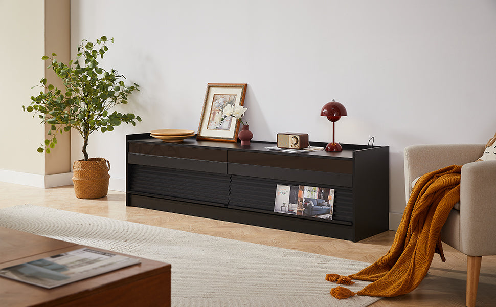 Mirod Modern TV Stand with Ample Storage,4 Drawer Design with Tempered Glass ,Built-in Charging Ports and Ambient LED Lighting ,Versatile for Any Decor Style