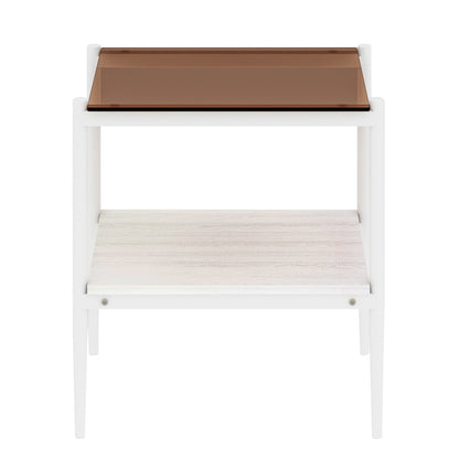 Set of 2 Rectangle End Table, Tempered Glass Tabletop with MDF layer, Modern Table for Living Room , Brown Glass