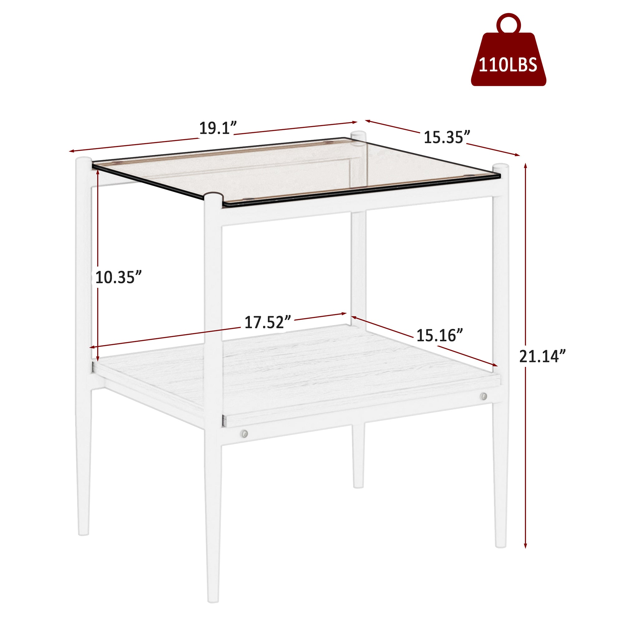 Set of 2 Rectangle End Table, Tempered Glass Tabletop with MDF layer, Modern Table for Living Room , Brown Glass