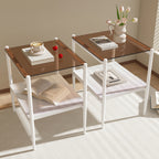 Set of 2 Rectangle End Table, Tempered Glass Tabletop with MDF layer, Modern Table for Living Room , Brown Glass