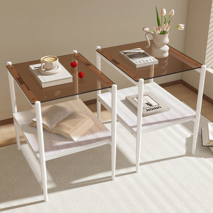 Set of 2 Rectangle End Table, Tempered Glass Tabletop with MDF layer, Modern Table for Living Room , Brown Glass