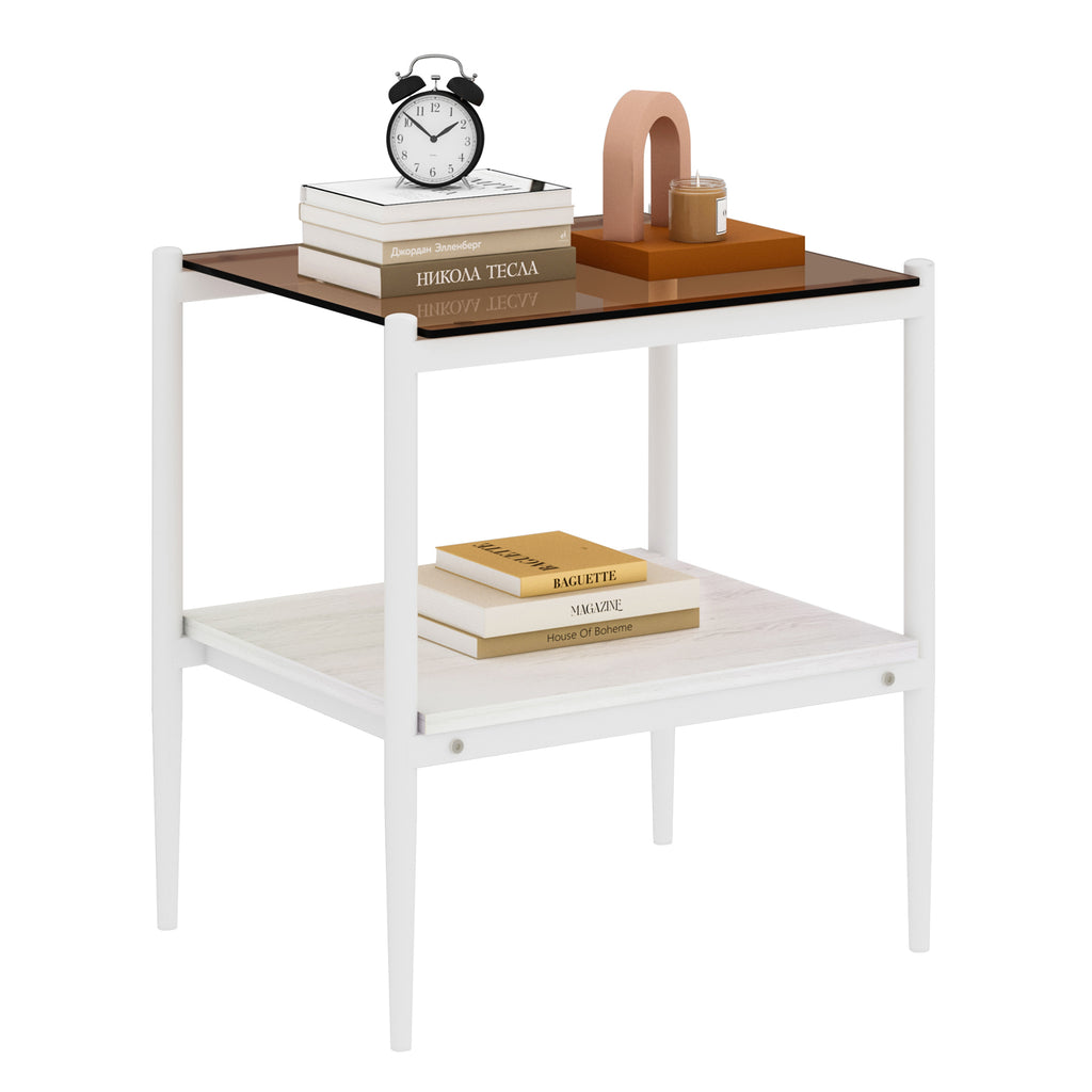 Set of 2 Rectangle End Table, Tempered Glass Tabletop with MDF layer, Modern Table for Living Room , Brown Glass