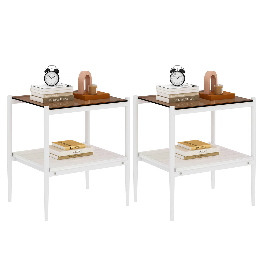 Set of 2 Rectangle End Table, Tempered Glass Tabletop with MDF layer, Modern Table for Living Room , Brown Glass