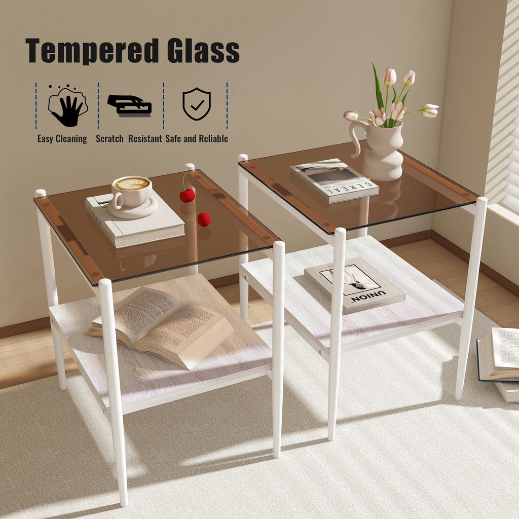 Set of 2 Rectangle End Table, Tempered Glass Tabletop with MDF layer, Modern Table for Living Room , Brown Glass