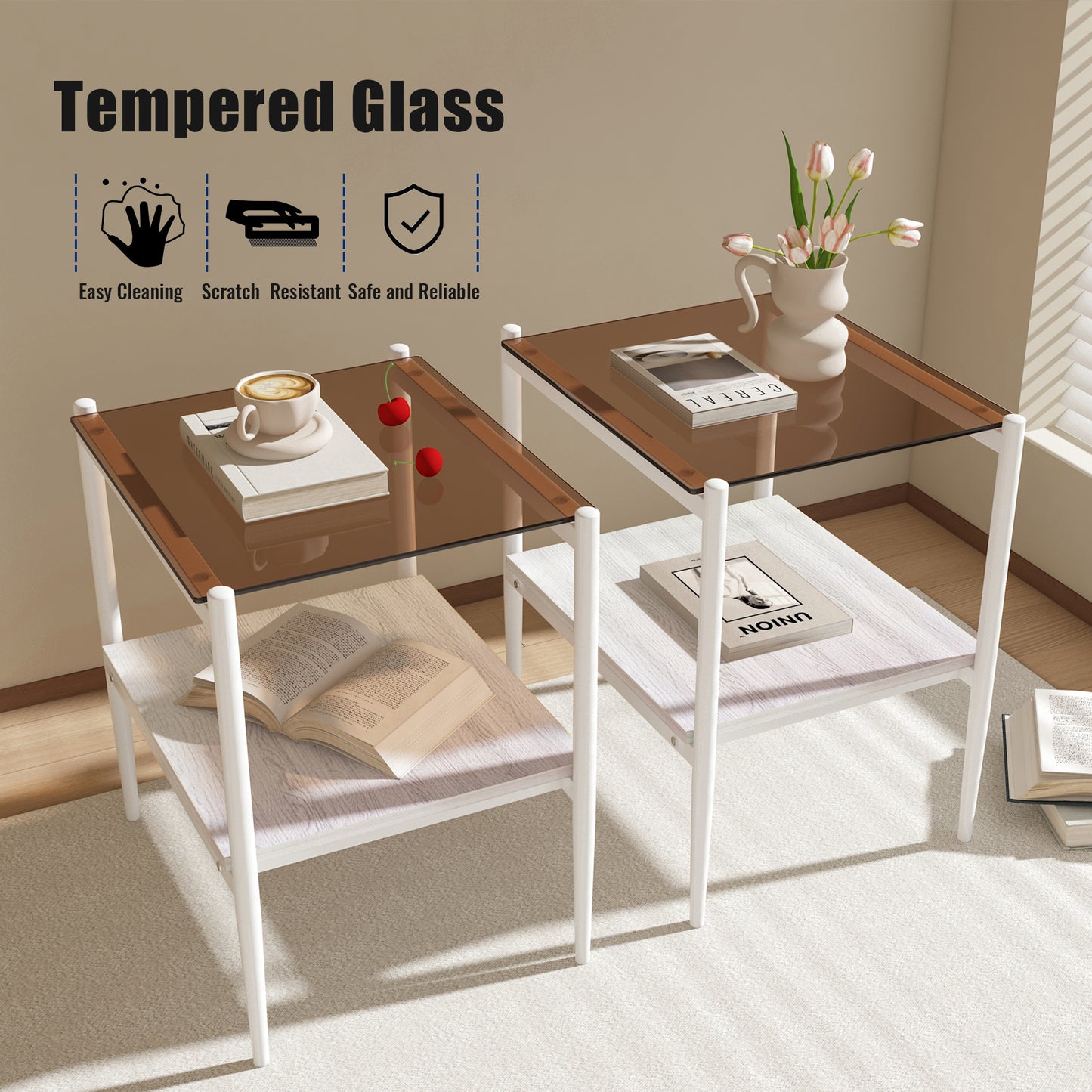 Set of 2 Rectangle End Table, Tempered Glass Tabletop with MDF layer, Modern Table for Living Room , Brown Glass