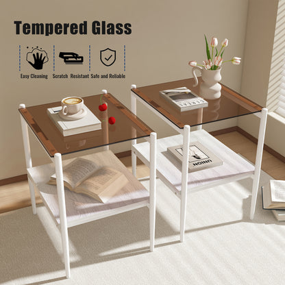 Set of 2 Rectangle End Table, Tempered Glass Tabletop with MDF layer, Modern Table for Living Room , Brown Glass