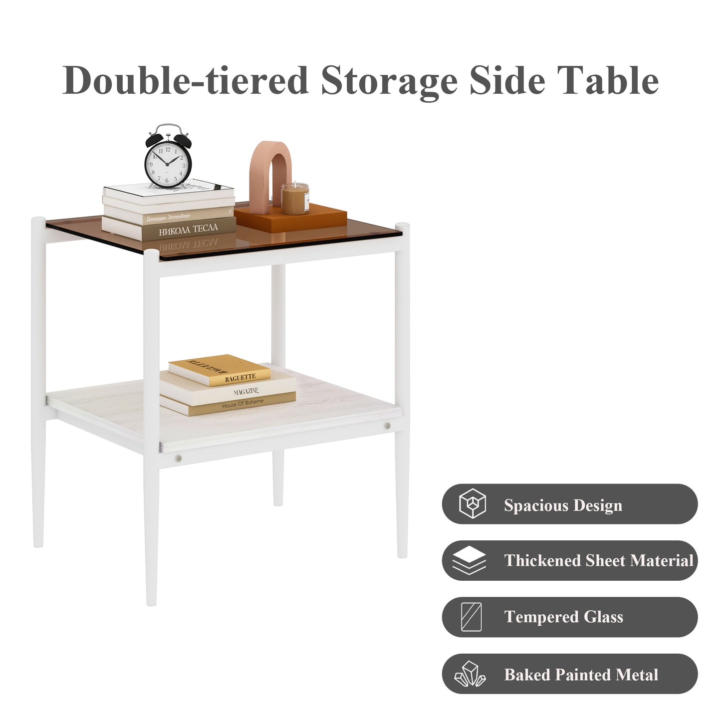 Set of 2 Rectangle End Table, Tempered Glass Tabletop with MDF layer, Modern Table for Living Room , Brown Glass