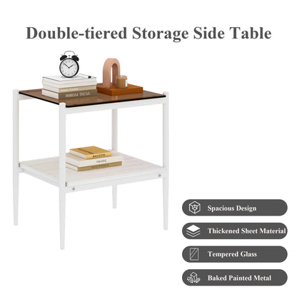 Set of 2 Rectangle End Table, Tempered Glass Tabletop with MDF layer, Modern Table for Living Room , Brown Glass