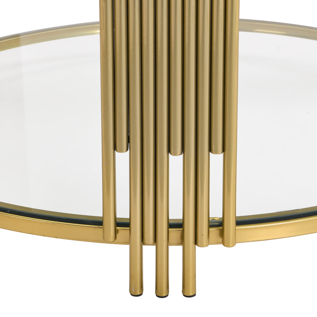 Modern Glass Coffee Table in 31.5', Asymmetrical Metal, Circular Metal Drum Base, Gold Finish & Lower Shelf