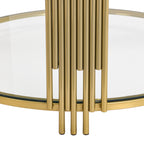 Modern Glass Coffee Table in 31.5', Asymmetrical Metal, Circular Metal Drum Base, Gold Finish & Lower Shelf