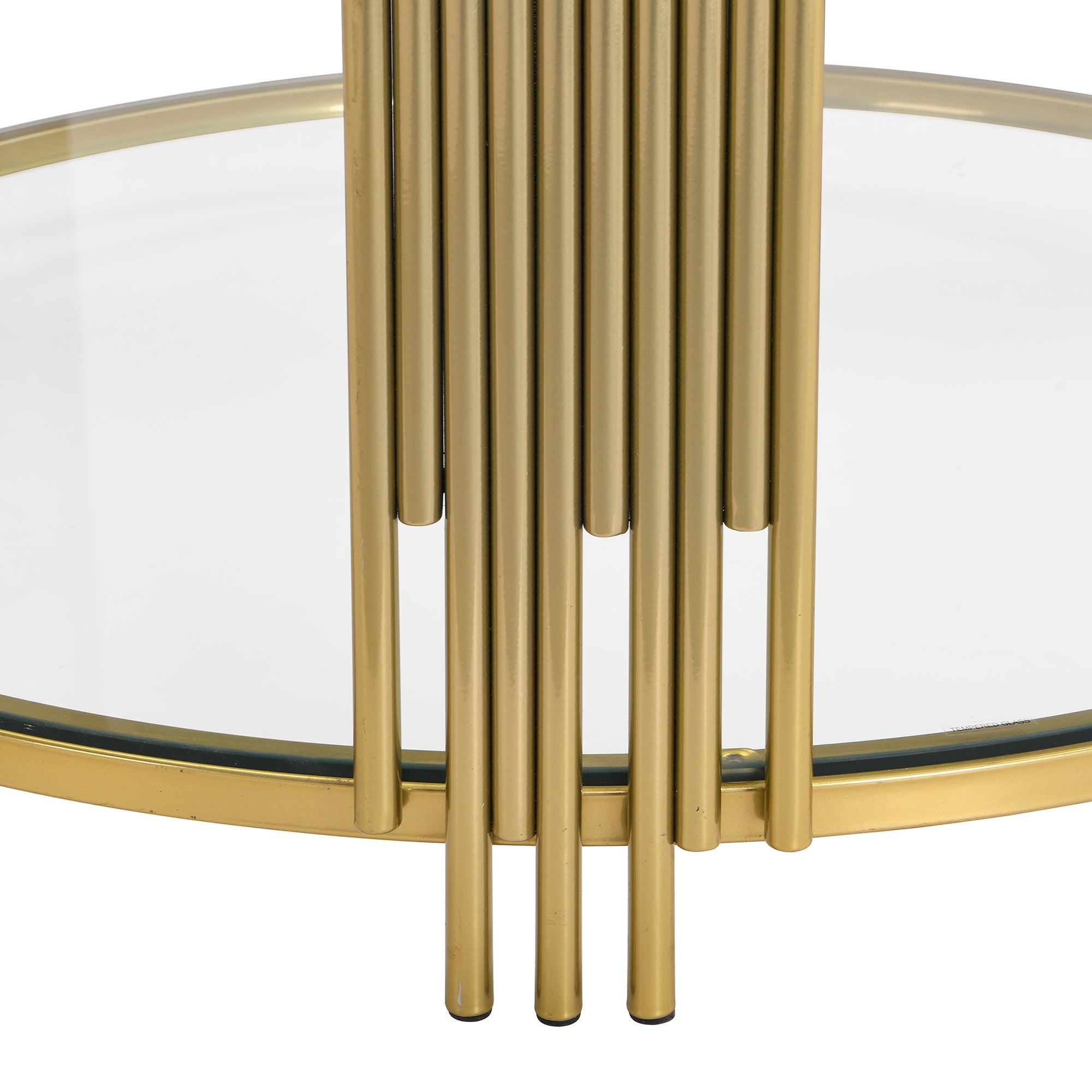 Modern Glass Coffee Table in 31.5', Asymmetrical Metal, Circular Metal Drum Base, Gold Finish & Lower Shelf