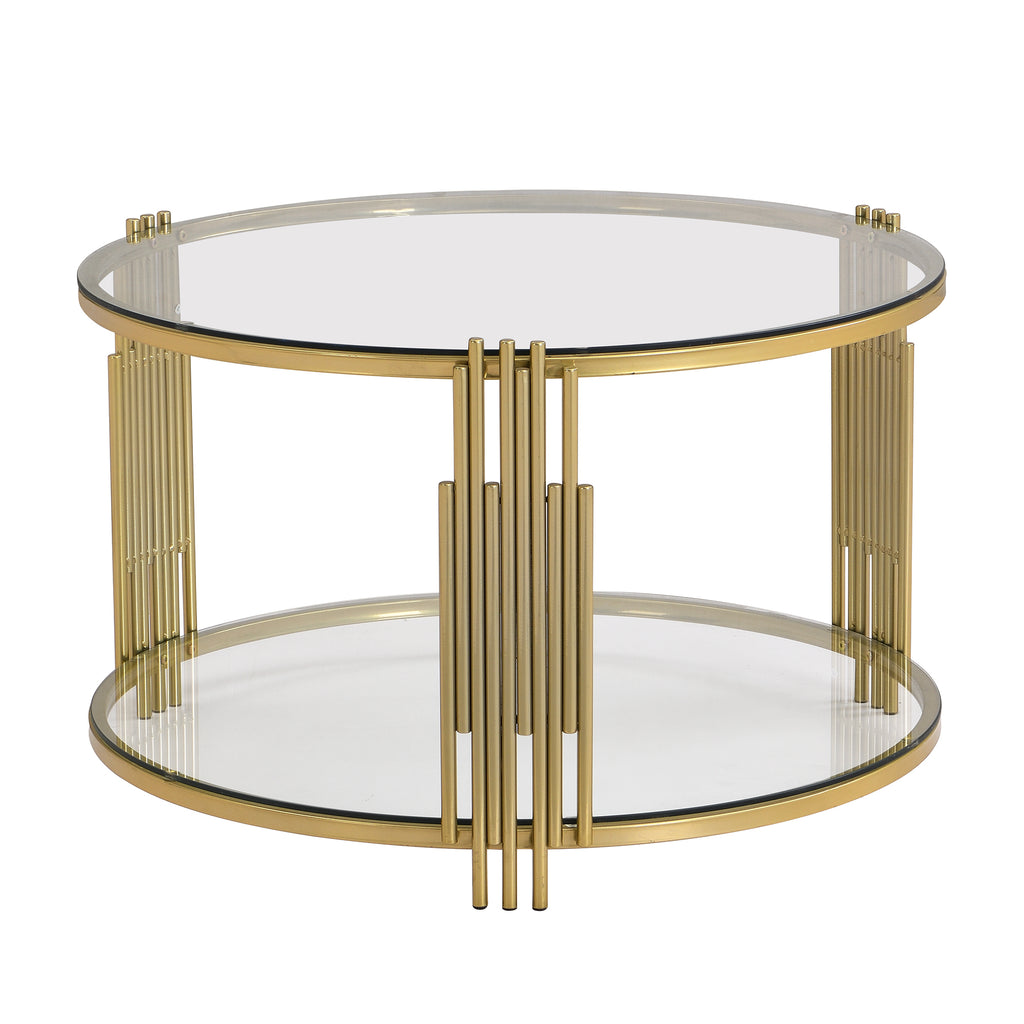 Modern Glass Coffee Table in 31.5', Asymmetrical Metal, Circular Metal Drum Base, Gold Finish & Lower Shelf