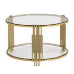Modern Glass Coffee Table in 31.5', Asymmetrical Metal, Circular Metal Drum Base, Gold Finish & Lower Shelf