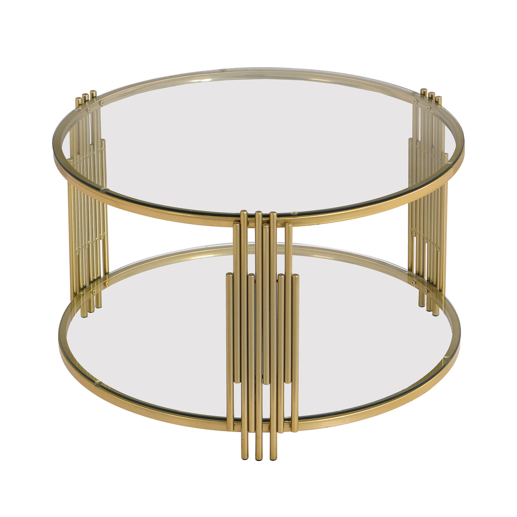 Modern Glass Coffee Table in 31.5', Asymmetrical Metal, Circular Metal Drum Base, Gold Finish & Lower Shelf