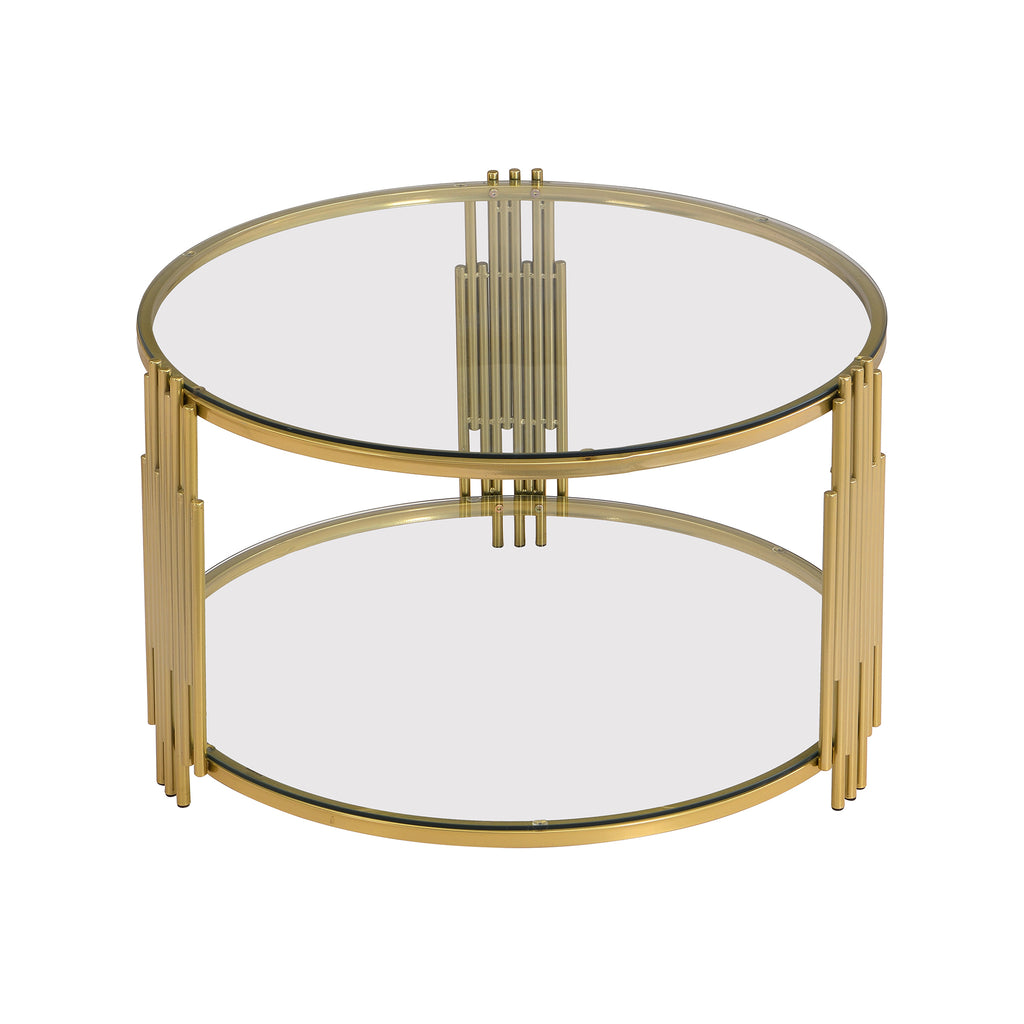Modern Glass Coffee Table in 31.5', Asymmetrical Metal, Circular Metal Drum Base, Gold Finish & Lower Shelf