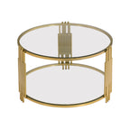 Modern Glass Coffee Table in 31.5', Asymmetrical Metal, Circular Metal Drum Base, Gold Finish & Lower Shelf