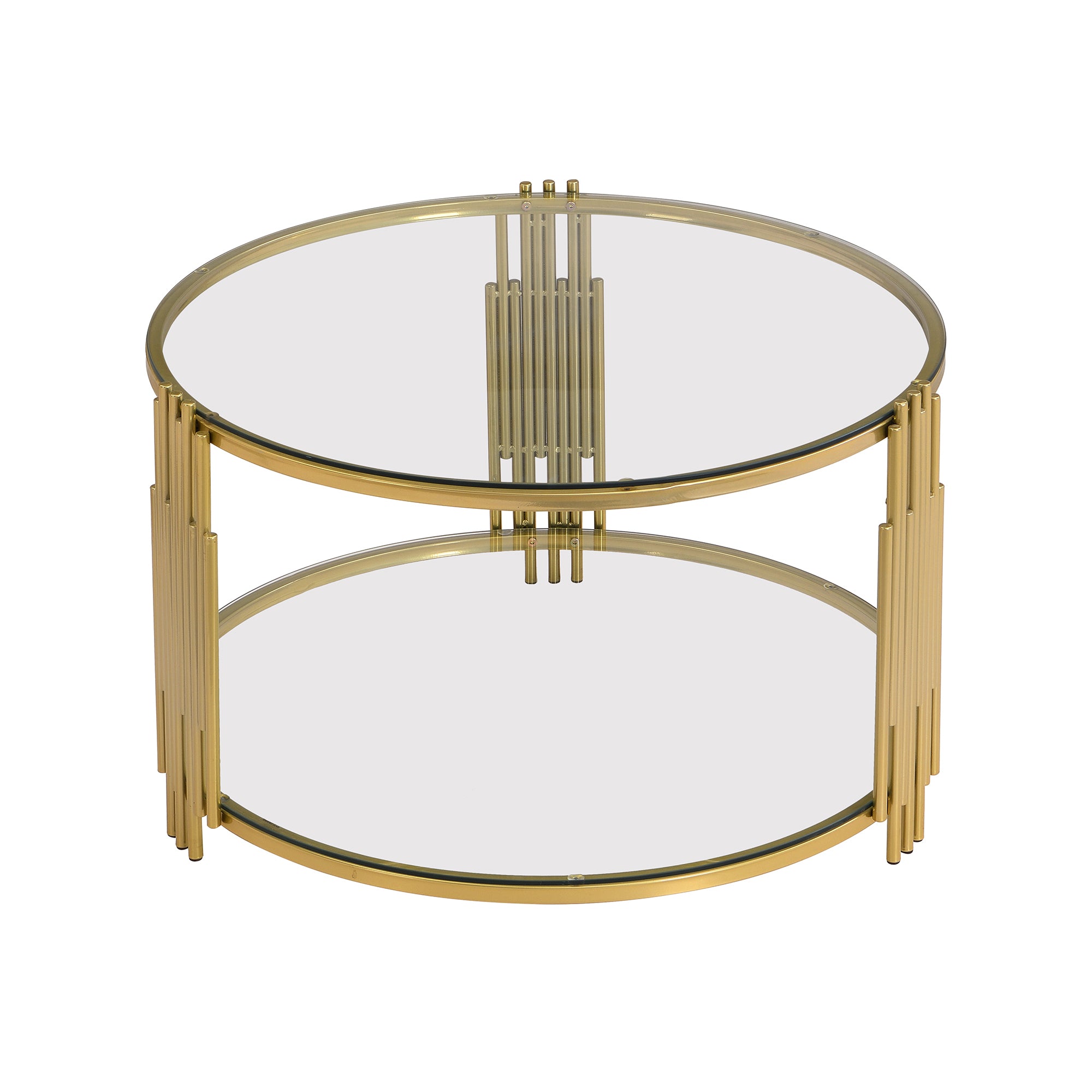 Modern Glass Coffee Table in 31.5', Asymmetrical Metal, Circular Metal Drum Base, Gold Finish & Lower Shelf
