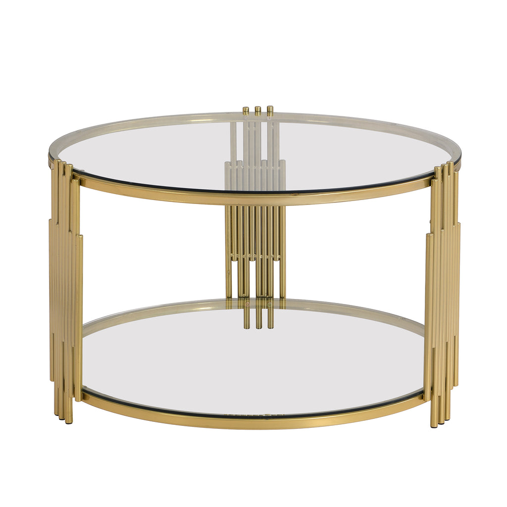 Modern Glass Coffee Table in 31.5', Asymmetrical Metal, Circular Metal Drum Base, Gold Finish & Lower Shelf