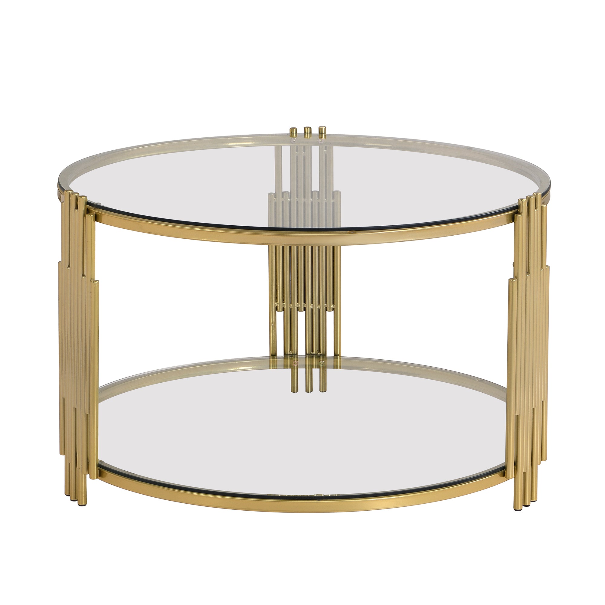 Modern Glass Coffee Table in 31.5', Asymmetrical Metal, Circular Metal Drum Base, Gold Finish & Lower Shelf