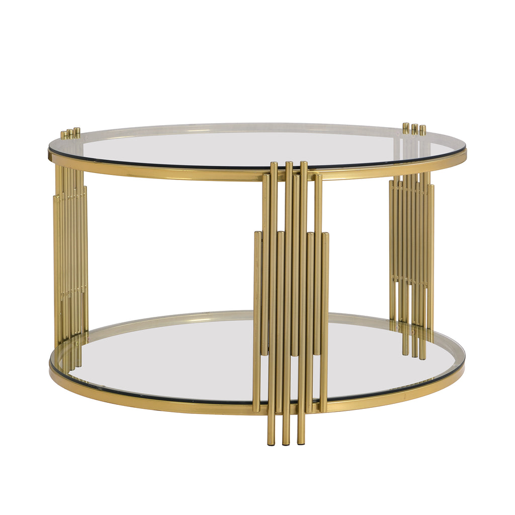Modern Glass Coffee Table in 31.5', Asymmetrical Metal, Circular Metal Drum Base, Gold Finish & Lower Shelf