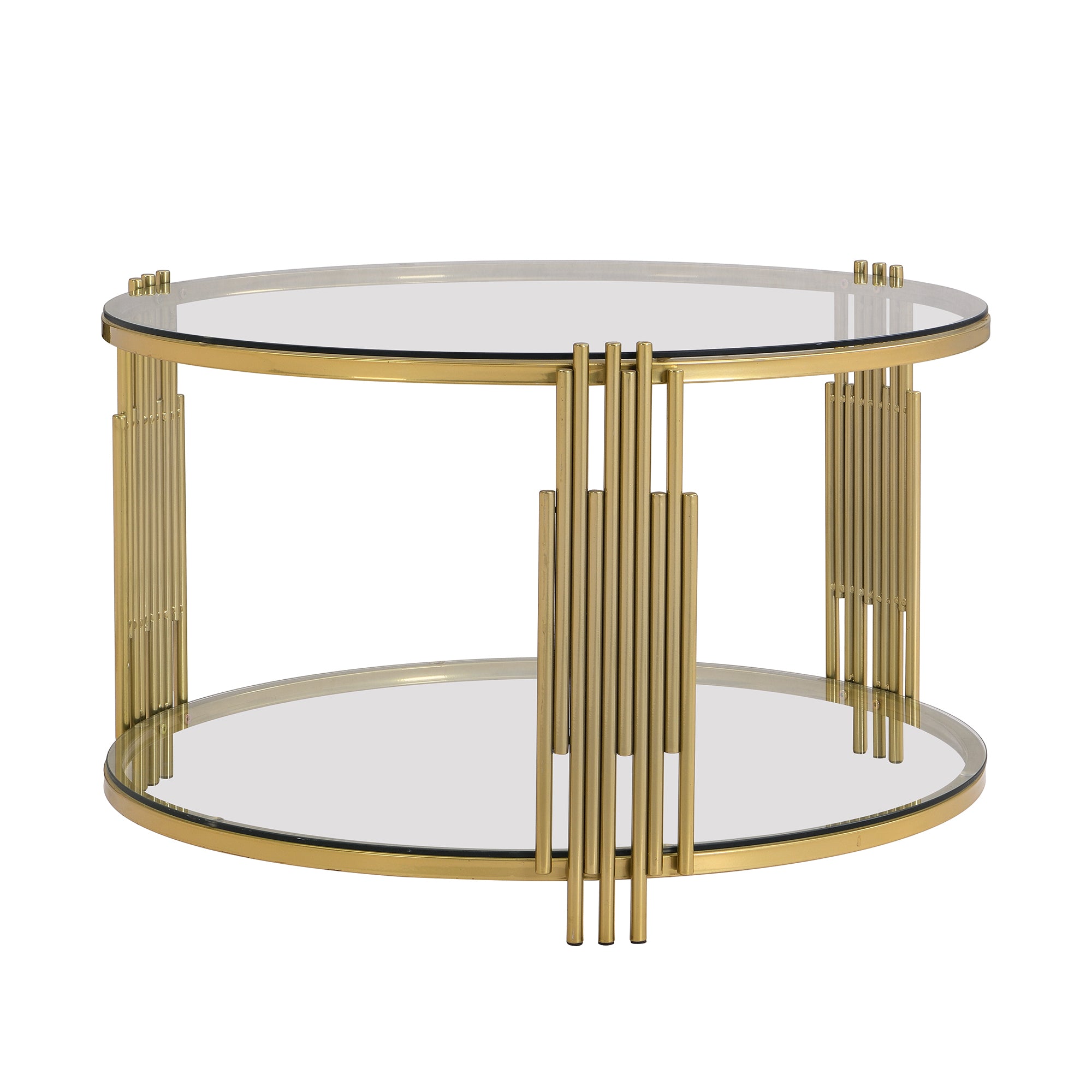 Modern Glass Coffee Table in 31.5', Asymmetrical Metal, Circular Metal Drum Base, Gold Finish & Lower Shelf