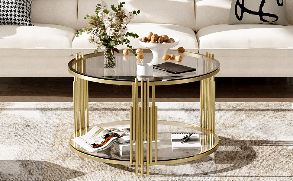 Modern Glass Coffee Table in 31.5', Asymmetrical Metal, Circular Metal Drum Base, Gold Finish & Lower Shelf