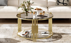 Modern Glass Coffee Table in 31.5', Asymmetrical Metal, Circular Metal Drum Base, Gold Finish & Lower Shelf