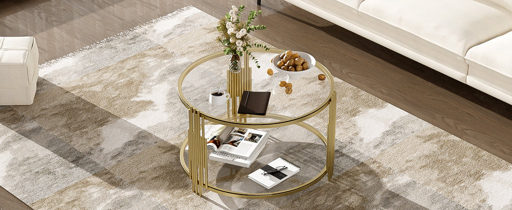 Modern Glass Coffee Table in 31.5', Asymmetrical Metal, Circular Metal Drum Base, Gold Finish & Lower Shelf