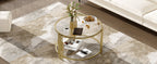 Modern Glass Coffee Table in 31.5', Asymmetrical Metal, Circular Metal Drum Base, Gold Finish & Lower Shelf