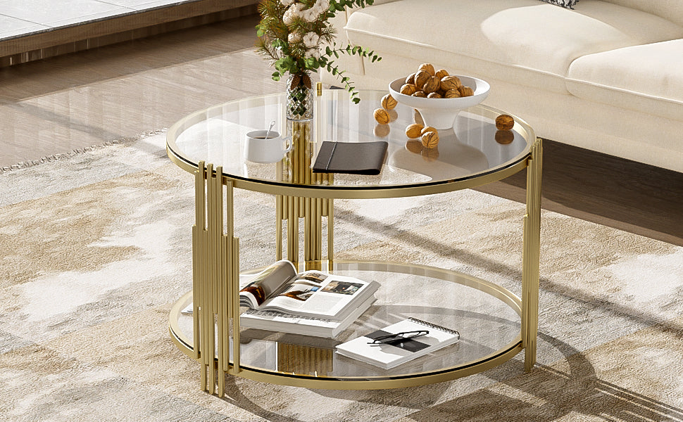 Modern Glass Coffee Table in 31.5', Asymmetrical Metal, Circular Metal Drum Base, Gold Finish & Lower Shelf