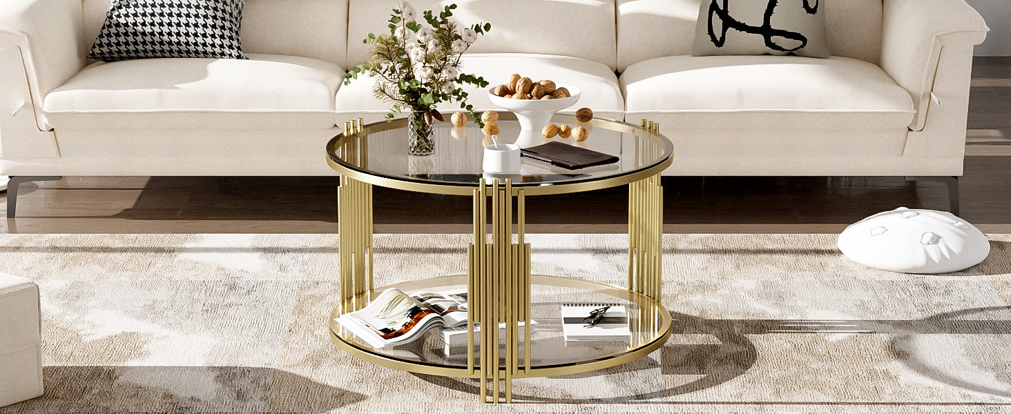 Modern Glass Coffee Table in 31.5', Asymmetrical Metal, Circular Metal Drum Base, Gold Finish & Lower Shelf