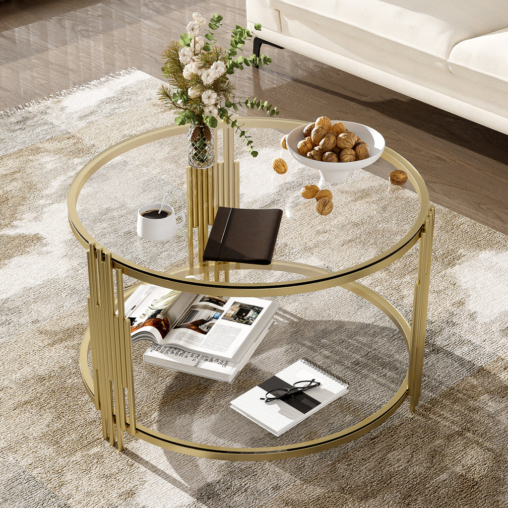 Modern Glass Coffee Table in 31.5', Asymmetrical Metal, Circular Metal Drum Base, Gold Finish & Lower Shelf