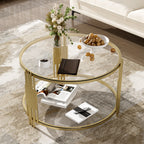 Modern Glass Coffee Table in 31.5', Asymmetrical Metal, Circular Metal Drum Base, Gold Finish & Lower Shelf
