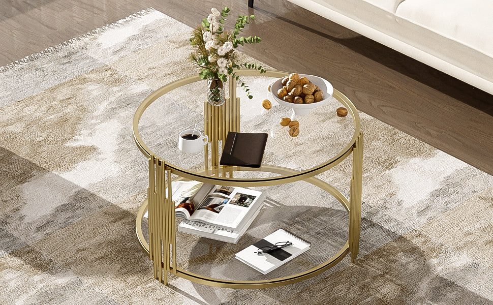 Modern Glass Coffee Table in 31.5', Asymmetrical Metal, Circular Metal Drum Base, Gold Finish & Lower Shelf