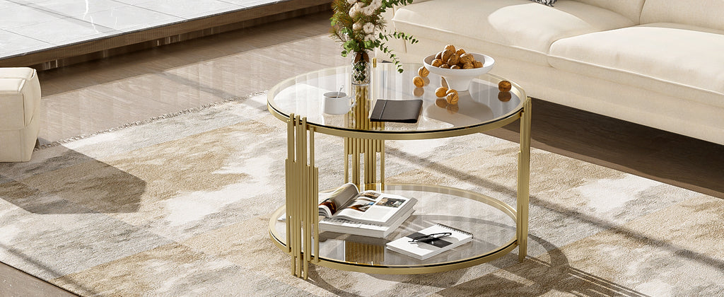 Modern Glass Coffee Table in 31.5', Asymmetrical Metal, Circular Metal Drum Base, Gold Finish & Lower Shelf