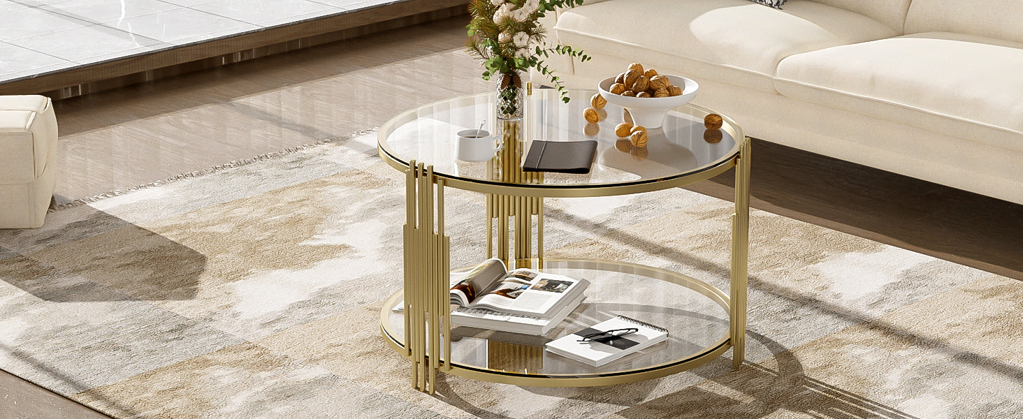 Modern Glass Coffee Table in 31.5', Asymmetrical Metal, Circular Metal Drum Base, Gold Finish & Lower Shelf