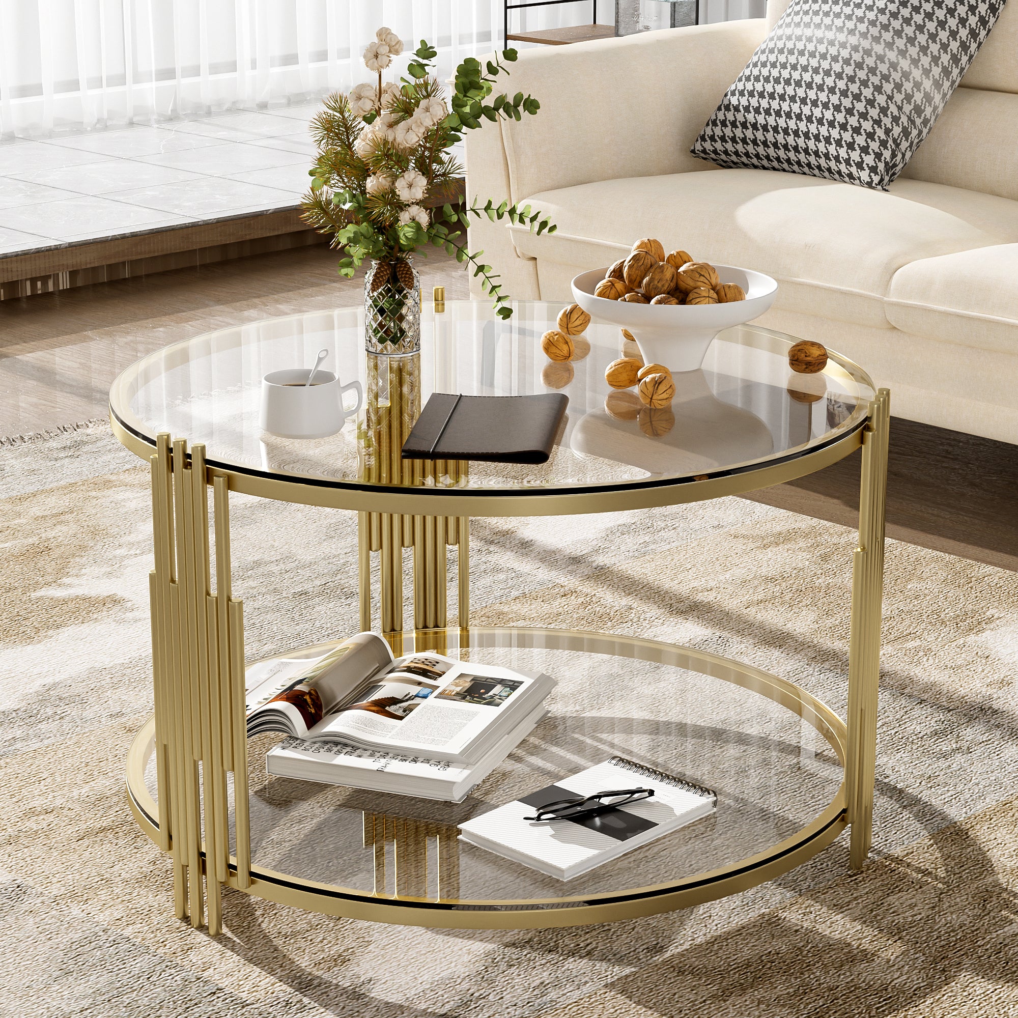 Modern Glass Coffee Table in 31.5', Asymmetrical Metal, Circular Metal Drum Base, Gold Finish & Lower Shelf