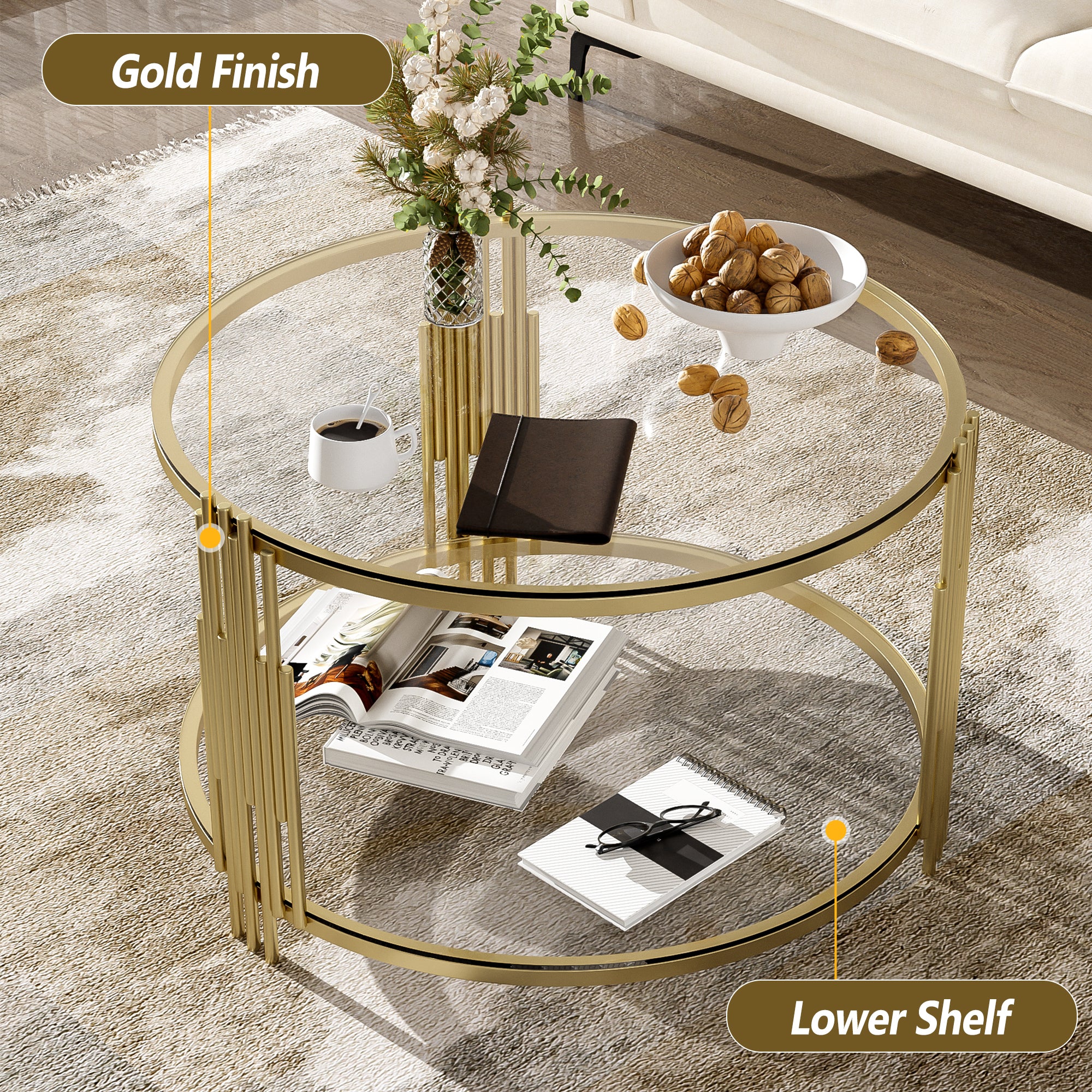 Modern Glass Coffee Table in 31.5', Asymmetrical Metal, Circular Metal Drum Base, Gold Finish & Lower Shelf