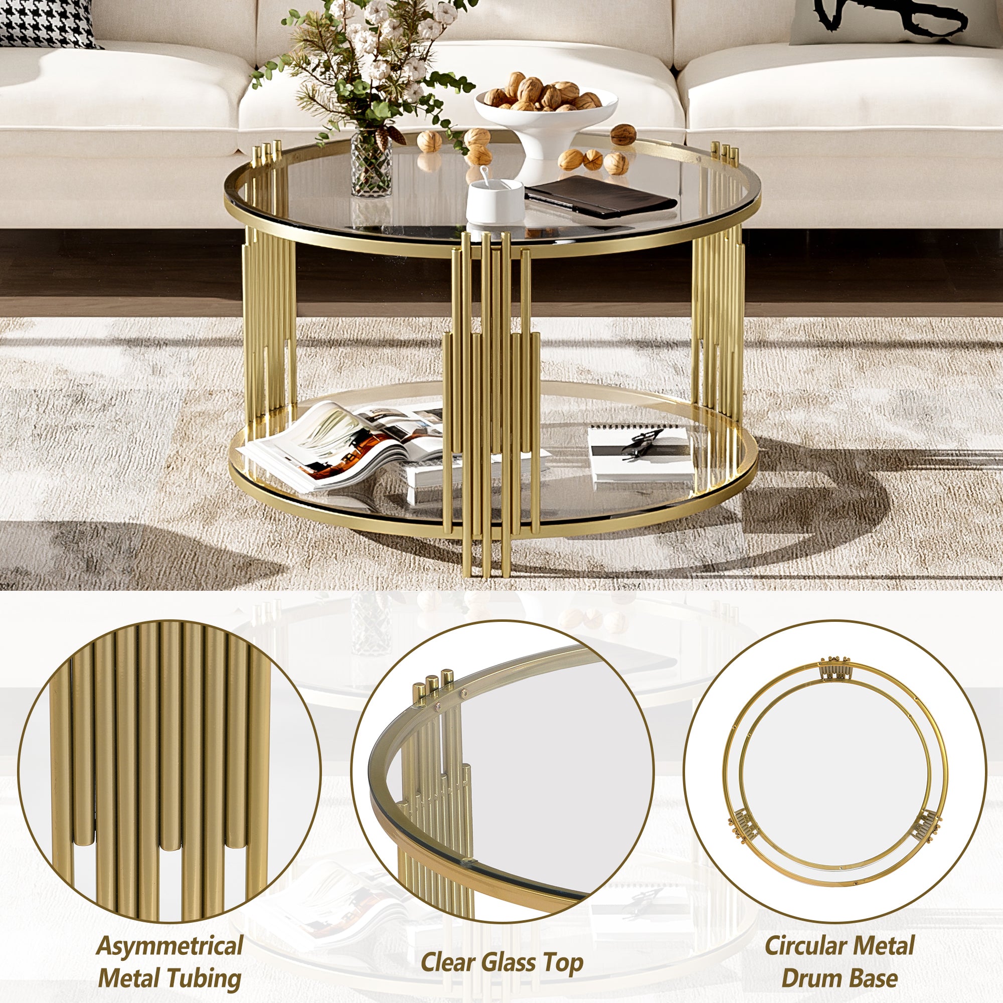 Modern Glass Coffee Table in 31.5', Asymmetrical Metal, Circular Metal Drum Base, Gold Finish & Lower Shelf
