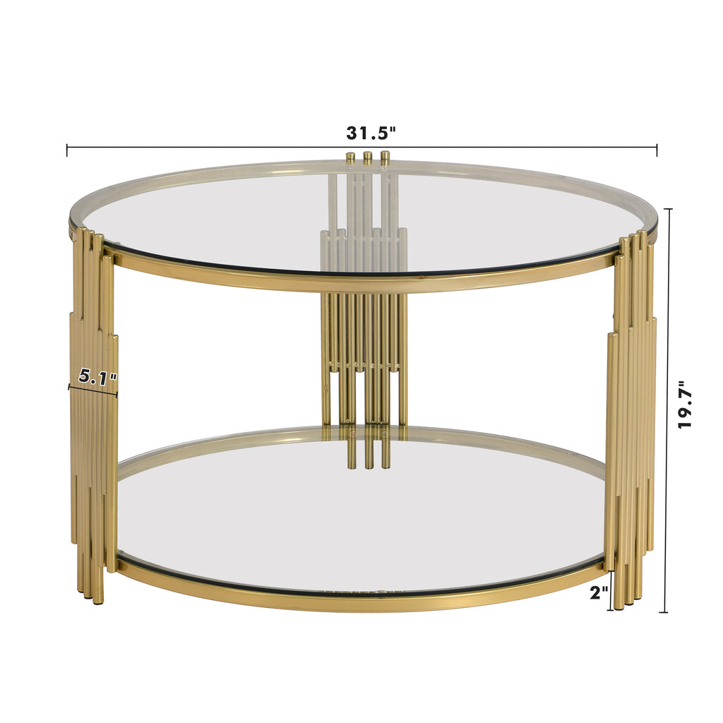 Modern Glass Coffee Table in 31.5', Asymmetrical Metal, Circular Metal Drum Base, Gold Finish & Lower Shelf