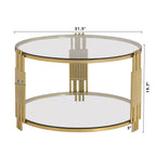 Modern Glass Coffee Table in 31.5', Asymmetrical Metal, Circular Metal Drum Base, Gold Finish & Lower Shelf