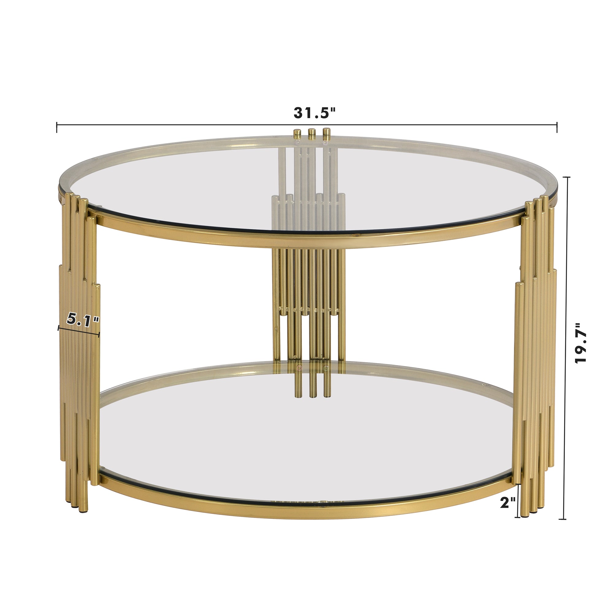 Modern Glass Coffee Table in 31.5', Asymmetrical Metal, Circular Metal Drum Base, Gold Finish & Lower Shelf