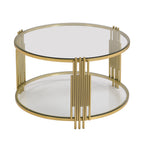 Modern Glass Coffee Table in 31.5', Asymmetrical Metal, Circular Metal Drum Base, Gold Finish & Lower Shelf