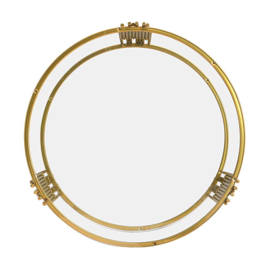 Modern Glass Coffee Table in 31.5', Asymmetrical Metal, Circular Metal Drum Base, Gold Finish & Lower Shelf