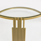 Modern Glass Coffee Table in 31.5', Asymmetrical Metal, Circular Metal Drum Base, Gold Finish & Lower Shelf