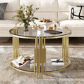 Modern Glass Coffee Table in 31.5', Asymmetrical Metal, Circular Metal Drum Base, Gold Finish & Lower Shelf
