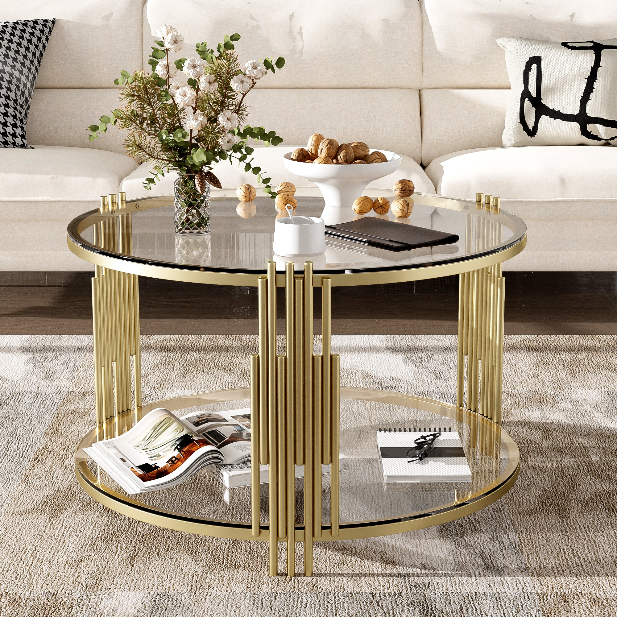 Modern Glass Coffee Table in 31.5', Asymmetrical Metal, Circular Metal Drum Base, Gold Finish & Lower Shelf